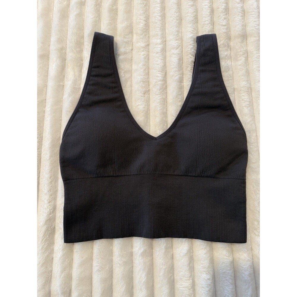 Cream Yoga Charcoal V-Neck Ribbed Sports Bra With Removable Padding Size M/L
